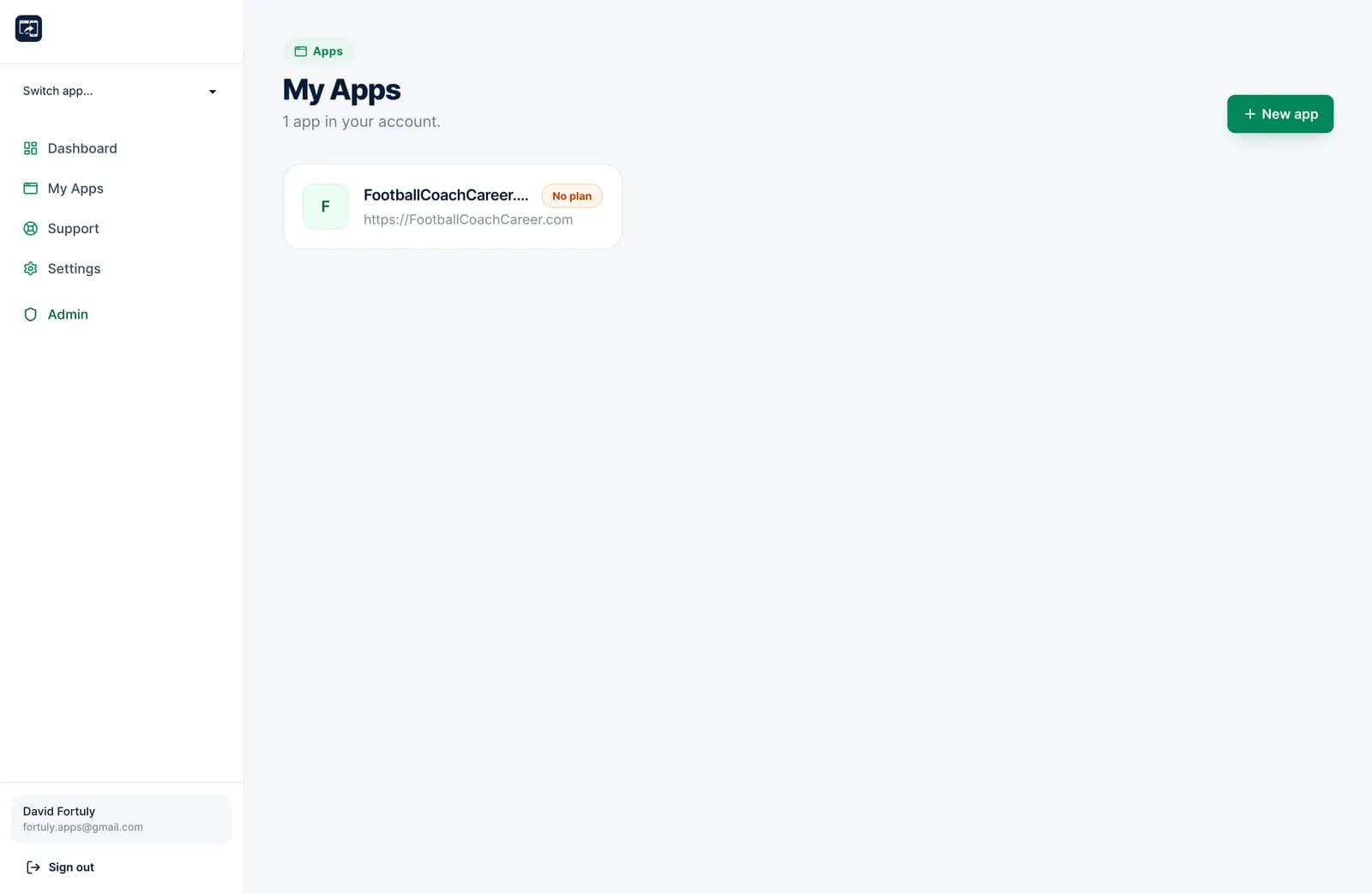 My apps dashboard listing customer apps with logos and status